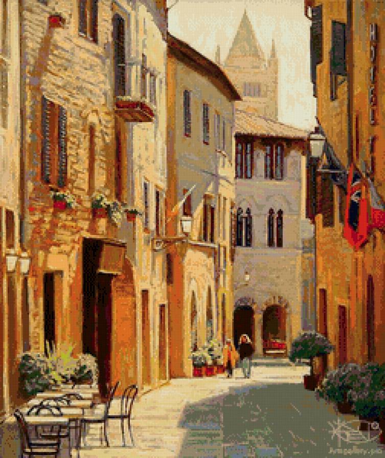 узкая улочка - фонарь, живопись, пейзаж, лето, город, улочка, ресторан - предпросмотр