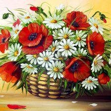 Схема вышивки «маки и ромашки в корзине»