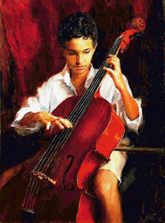 игра на контрабасе - живопись, музыкант, музыка, искусство, контрабас, мужчина - предпросмотр