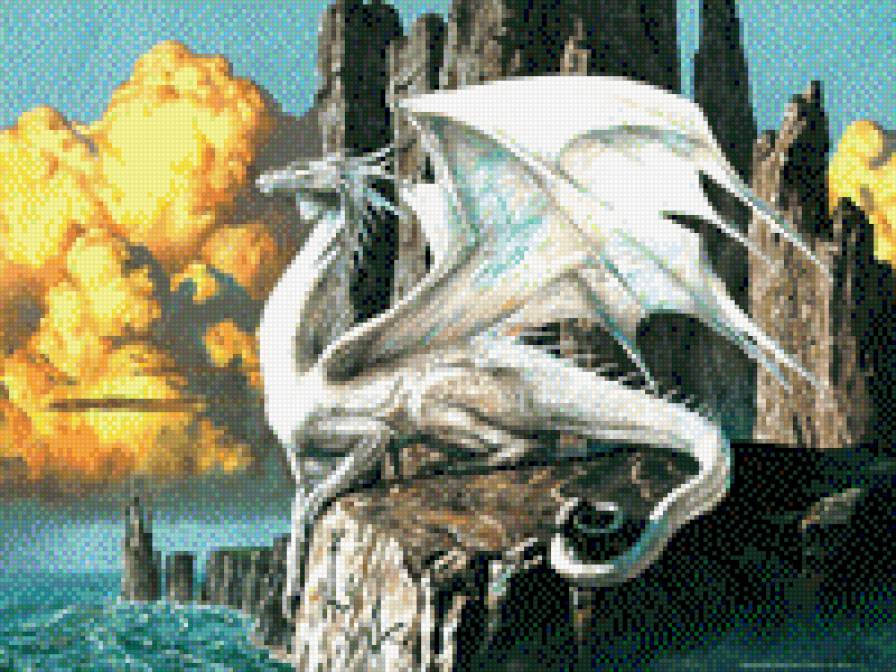 Дракон на скале - дракон, белый дракон, дракон на скале, белый страж, животные - предпросмотр