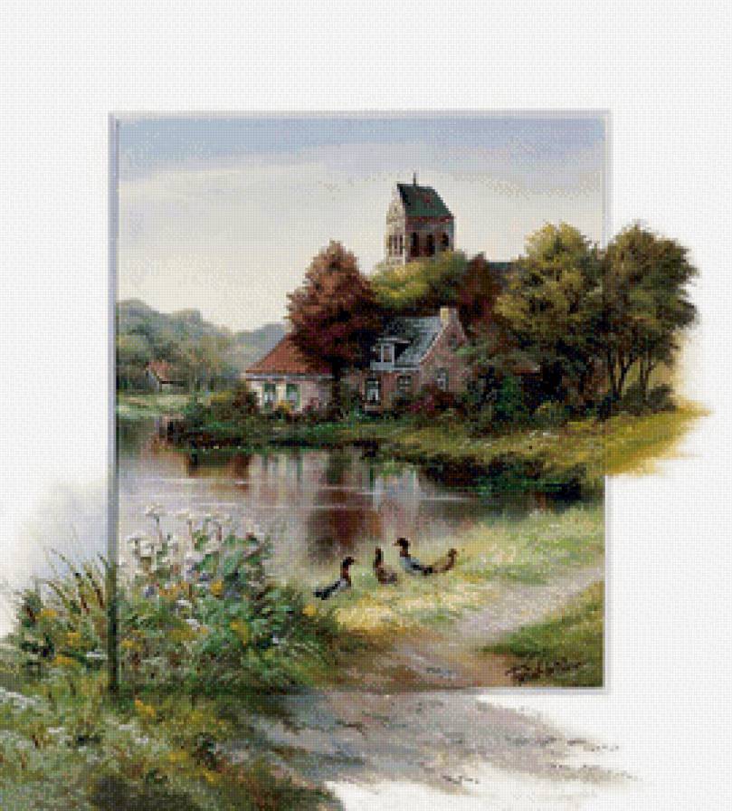 домик - река, домик, берег - предпросмотр