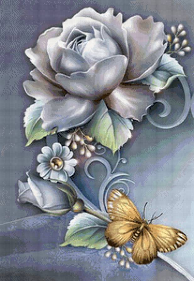 панно с розой и бабочкой - роза, бабочка, подушка, цветок, панно, нежность - предпросмотр