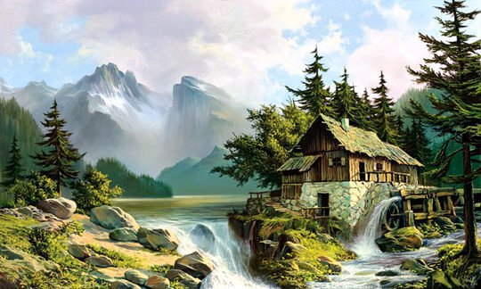 картина - пейзаж, мельница, природа, домик, горы - оригинал
