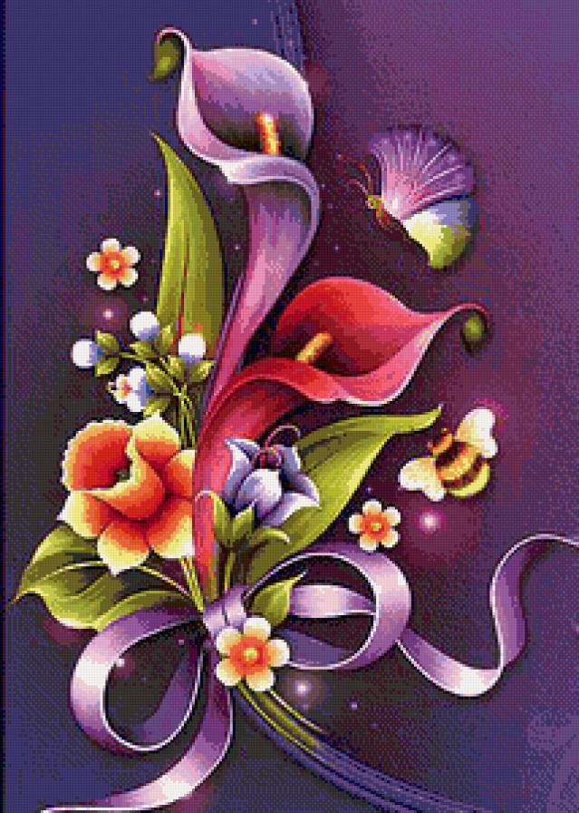 каллы - пчела, панно, бабочка, каллы, букет, картина, цветы, графика - предпросмотр