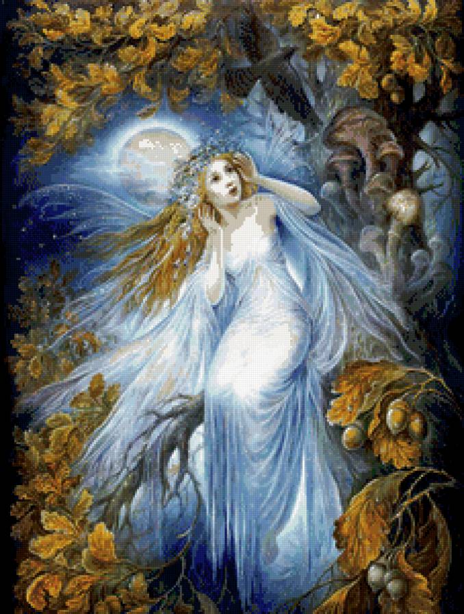 лесная нимфа - ворон, лес, дуб, арт, ночь, фэнтези, нимфа, девушка - предпросмотр