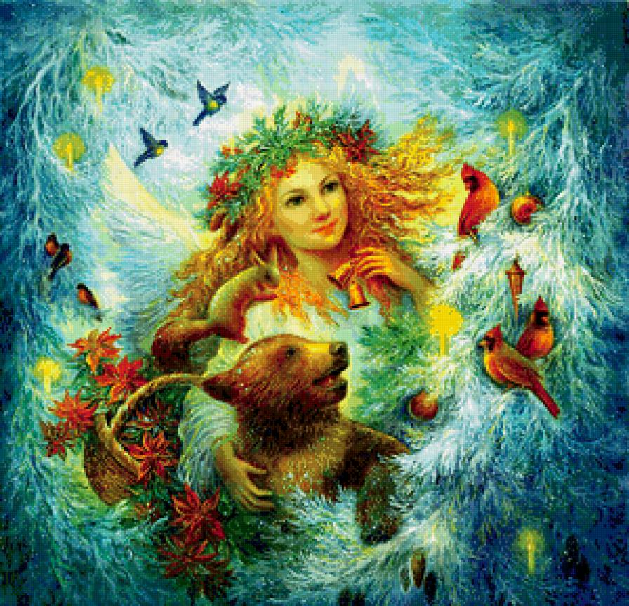 новогодняя сказка - снег, девушка, медведь, сказка, птицы, новый год, лес, фентези - предпросмотр