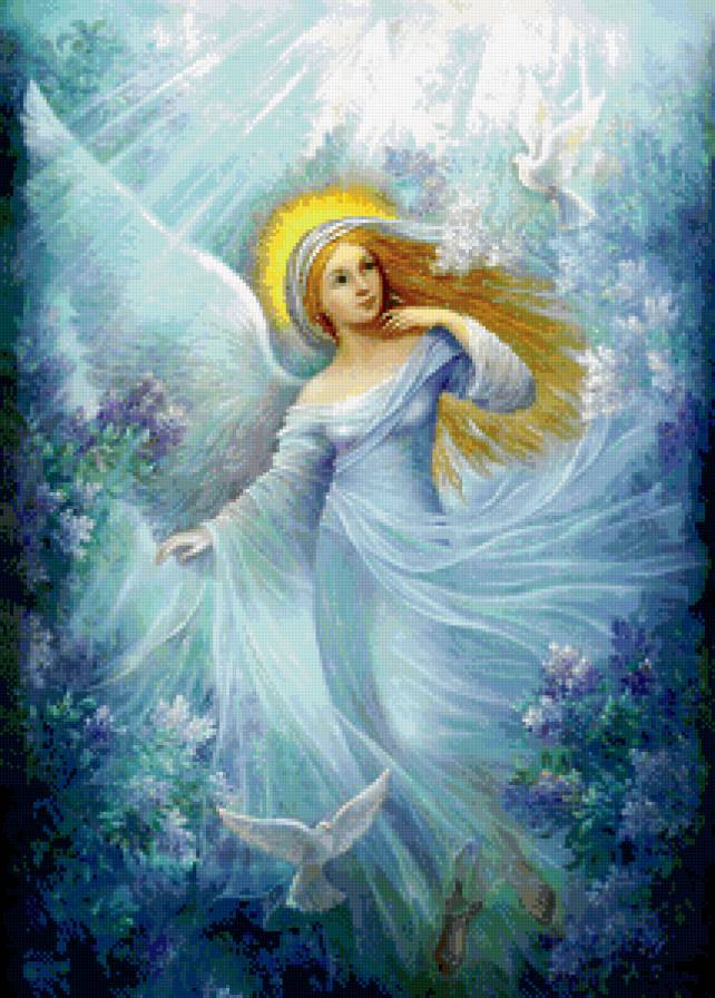 девушка ангел с голубями - ангел, сад, фентези, крылья, цветы, венок, голуби, девушка - предпросмотр