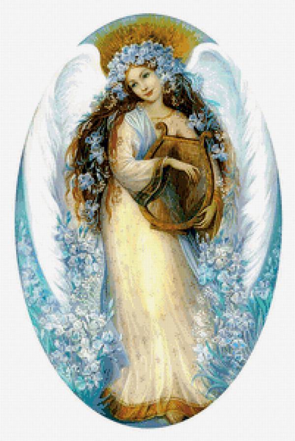 ангел с арфой - фентези, арфа, овал, девушка, ангел, музыка, крылья - предпросмотр