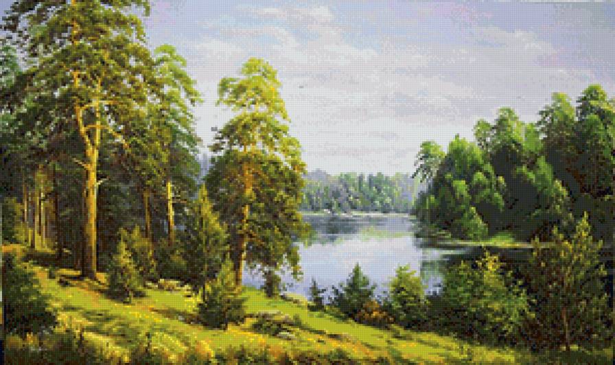 летний пейзаж с рекой - река, природа, сосны, лето, лес, живопись, пейзаж - предпросмотр