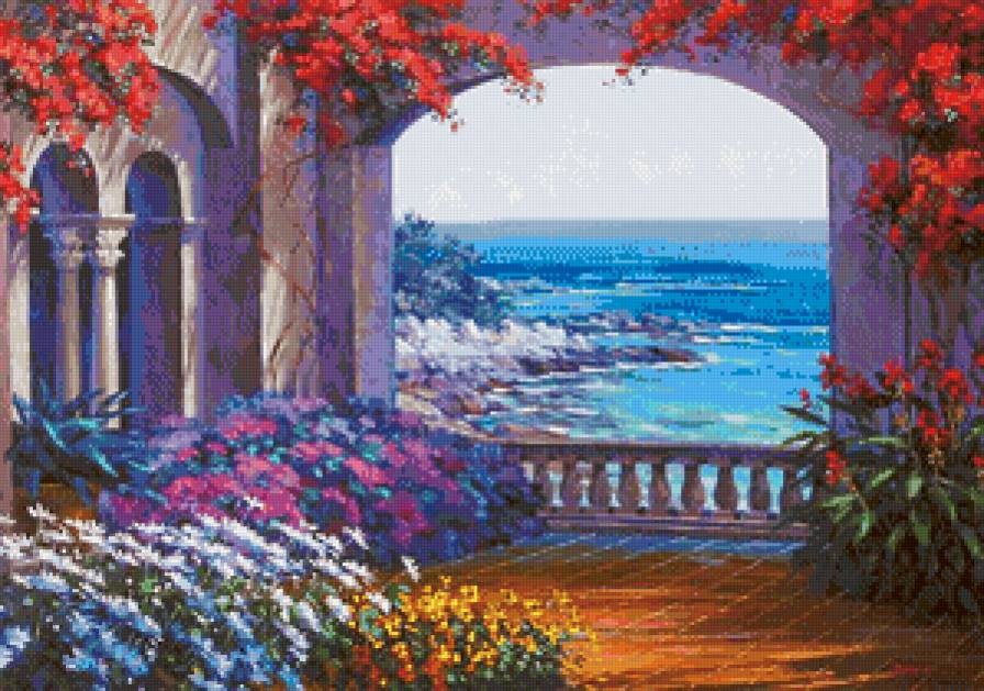 вид на море через арку - терраса, цветы, волны, пейзаж, океан, живопись, море, арка - предпросмотр