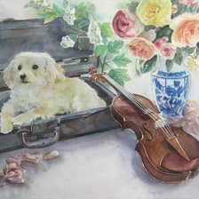 Схема вышивки «натюрморт с болонкой, скрипкой и розами»