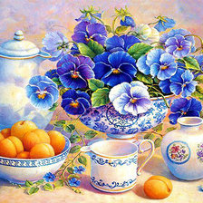 Схема вышивки «натюрморт с анютиными глазками и абрикосами»