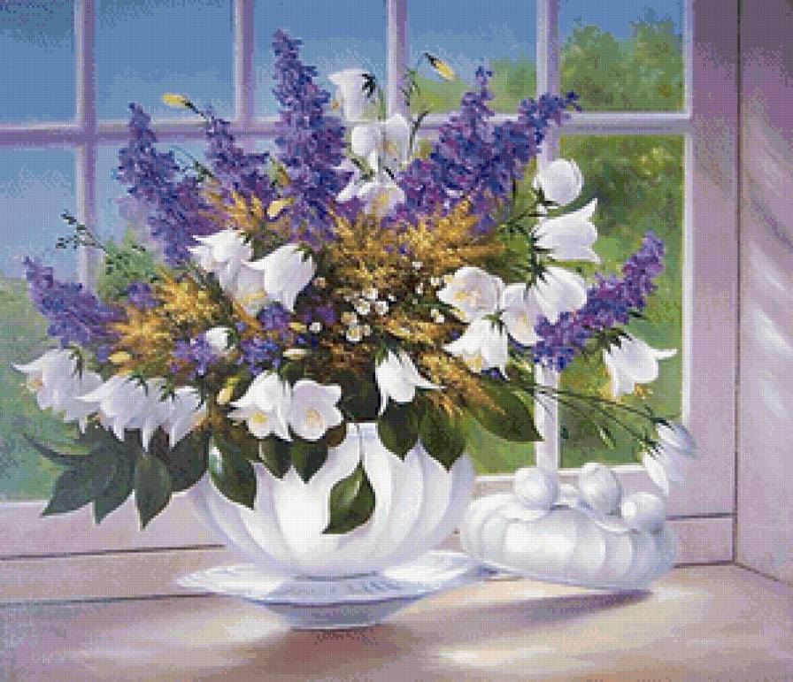 полевые цветы на подоконнике - подоконник, ваза, живопись, окно, колокольчики, цветы, лето - предпросмотр