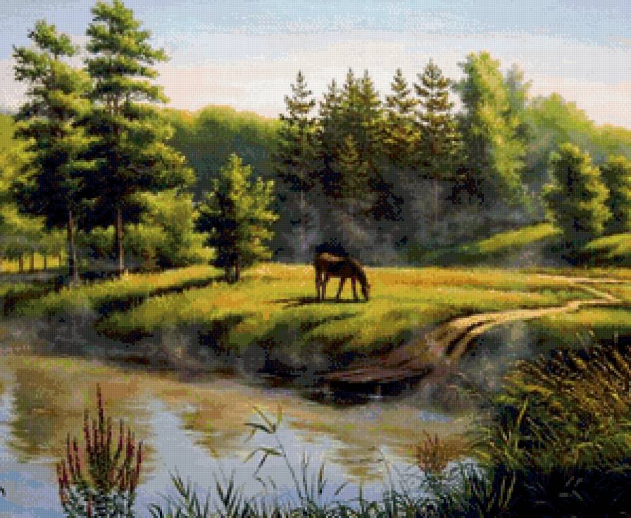 лошадь пасётся у реки - лошадь, живопись, пейзаж, луг, лето, река, лес - предпросмотр
