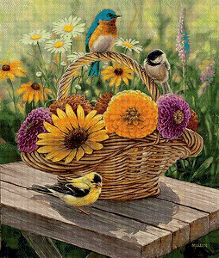 Серия "Пернатые" - пейзаж, луг, лето, птички, птицы, цветы, корзинка - предпросмотр