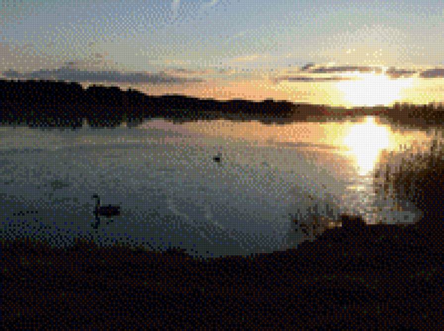 Закат над озером. - закат, природа, озеро, утки - предпросмотр