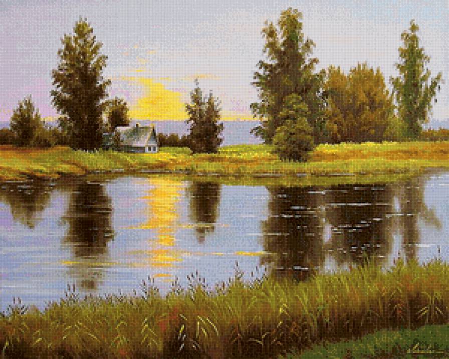 закат на реке - живопись, пейзаж, деревня, река, лето, природа, закат - предпросмотр