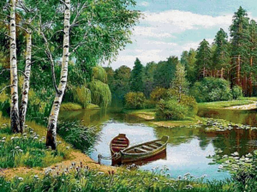лодки на реке - лето, лес, пейзаж, сосны, березы, лодки, живопись, река, природа - предпросмотр