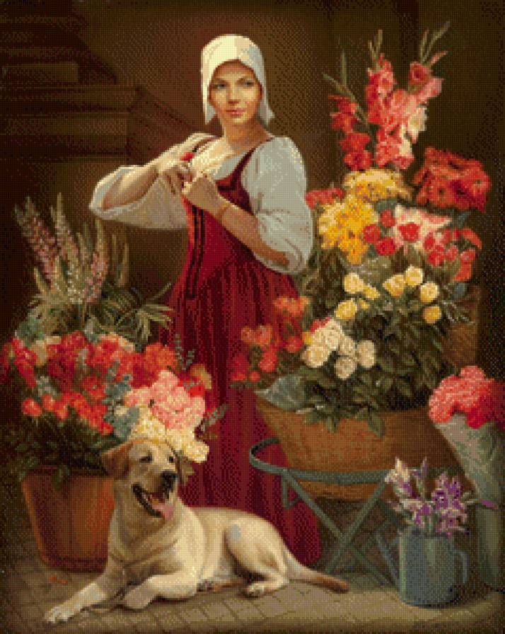 Цветочница - люди, цветы, собака - предпросмотр