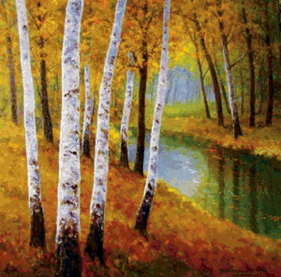 осень в берёзовой роще - живопись, природа, золото, осень, река, березы, роща, дерево - предпросмотр