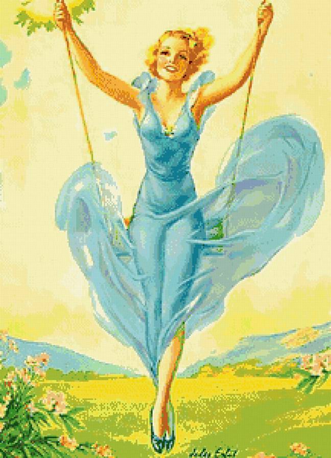 девушка на качеле в стиле пин ап - пин ап, девушка, качели, рисунок - предпросмотр