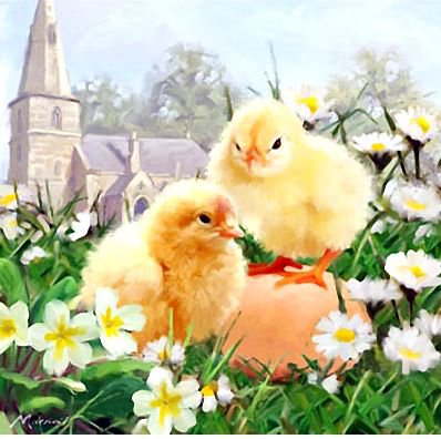 пасхальные цыплята - церковь, цветы, праздник, цыплята, весна, пасха, ромашки - оригинал
