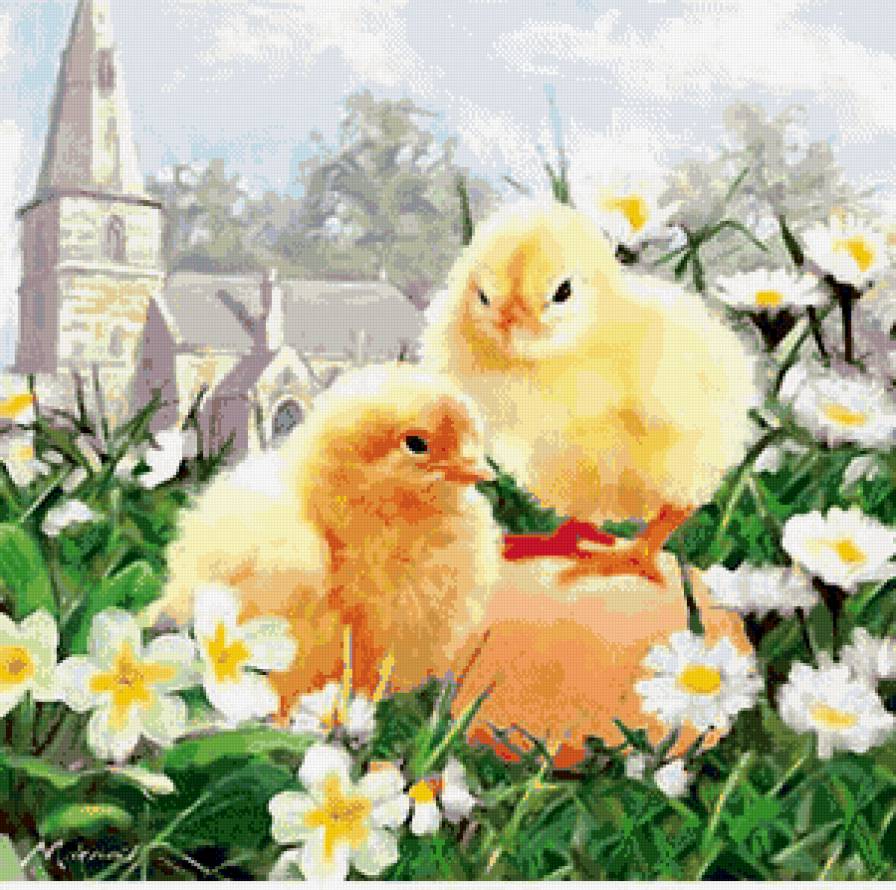 пасхальные цыплята - цветы, цыплята, весна, ромашки, пасха, церковь, праздник - предпросмотр