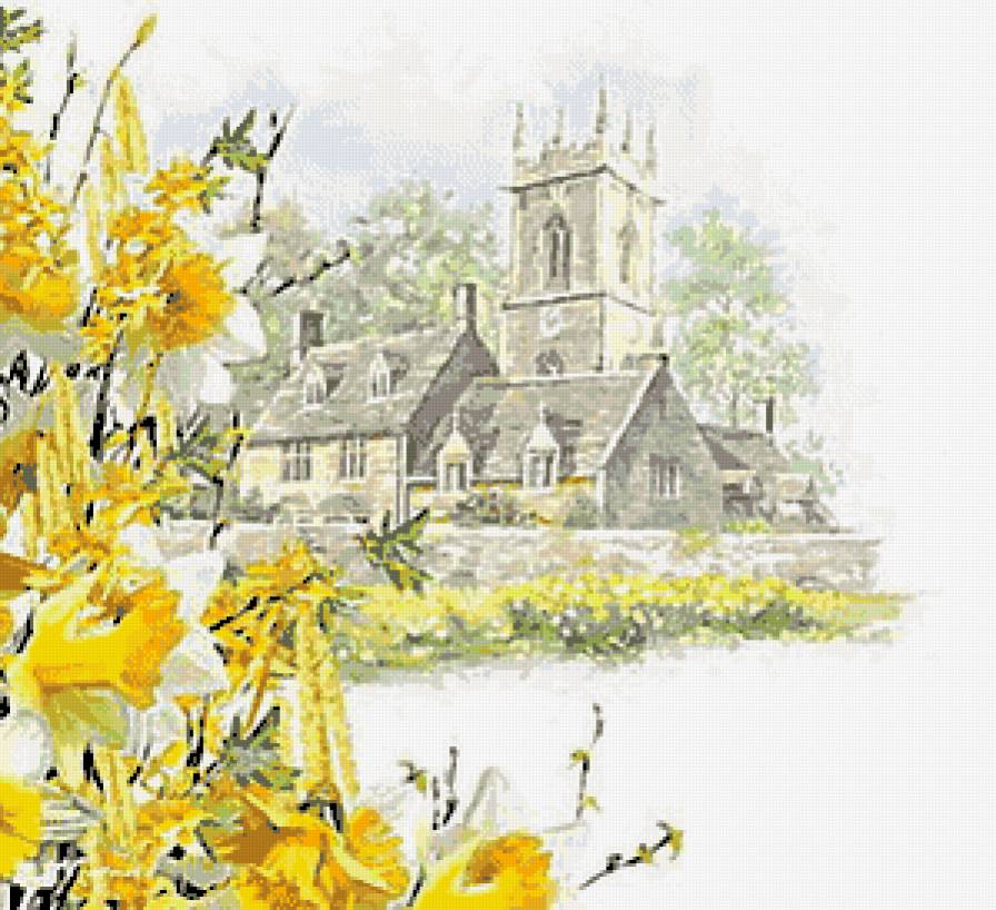 замок и нарциссы - нарциссы, графика, замок, цветы - предпросмотр