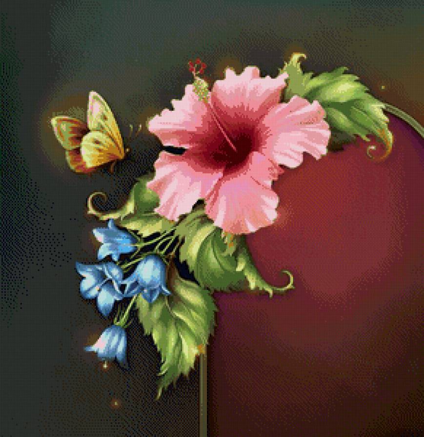 подушка с гибискусом, колокольчиками и бабочкой - цветок, гибискус, бабочка, подушка, колокольчики - предпросмотр