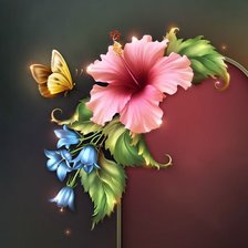 Схема вышивки «подушка с гибискусом, колокольчиками и бабочкой»