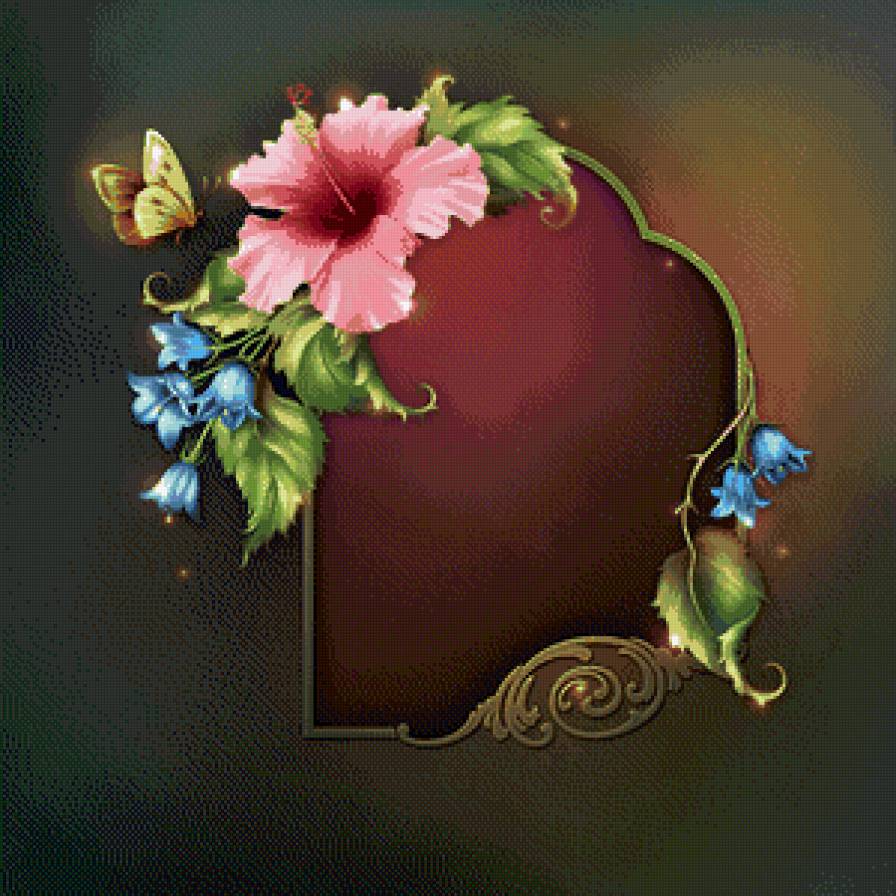 рамка для фото с гибискусом, колокольчиками и бабочкой - цветок, гибискус, рамка, подушка, фото, бабочка, колокольчики - предпросмотр