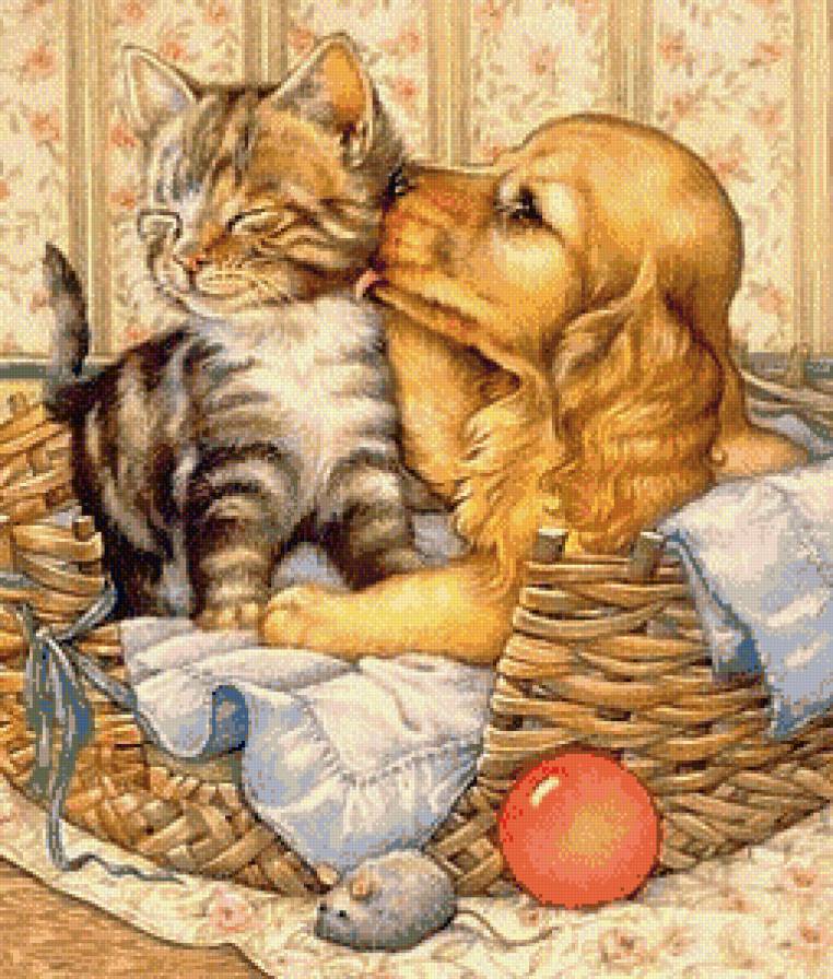 Серия "Домашние любимцы" - щенок, мышка, котенок, нежные чувства, корзинка - предпросмотр