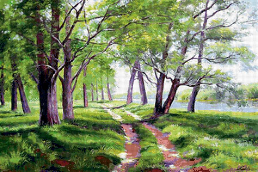 в лесу - лето, природа, лес, лучи, дорога, живопись, деревья, акварель - предпросмотр