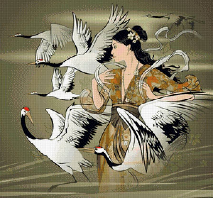 Японка и журавли - красавица, япония, журавли, девушка, восток, птицы, гейша, азия - предпросмотр