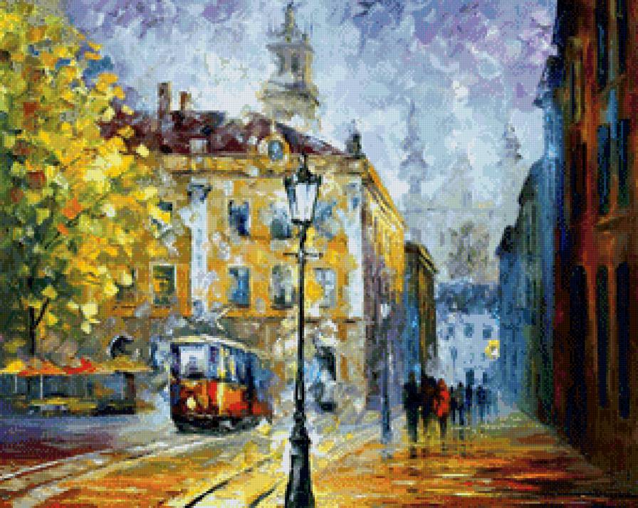 Старый город 1917 Л.Афремов - фонарь, улица, афремов, трамвай, город - предпросмотр