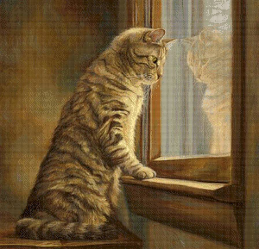 Серия "Домашние любимцы" - окно, рыжий кот, картина, отражение, котик - предпросмотр