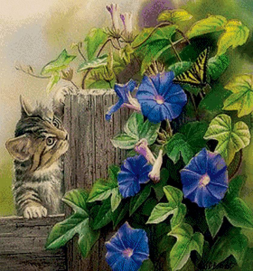 Серия "Дикая природа" - кот, бабочка, цветы, котик, игра, полосатик - предпросмотр