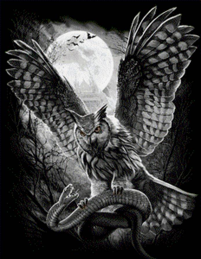 Серия "Фэнтези" - замок, змея, сова, охота, черное и белое - предпросмотр