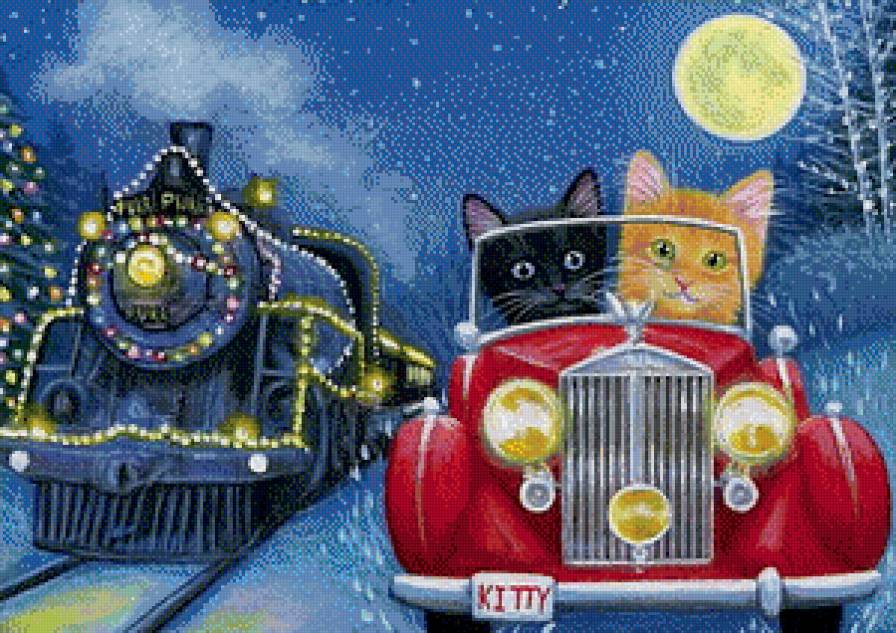 скорый поезд - новый год, животные, кошки, машина, кот, кошка, зима, котик, поезд, авто - предпросмотр