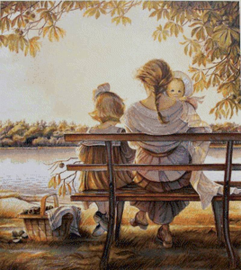 Серия "Картина" - пикник, скамейка, пейзаж, мама, семья, река, дети - предпросмотр