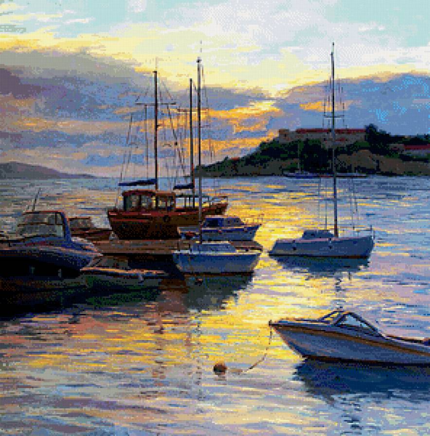 лодки на закате - лодки, юг, живопись, вечер, закат, пейзаж, море, горы, берег - предпросмотр