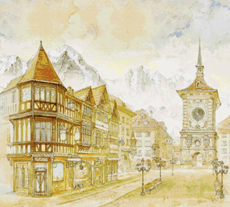 городок в альпах - город, горы, акварель, альпы, пейзаж - предпросмотр