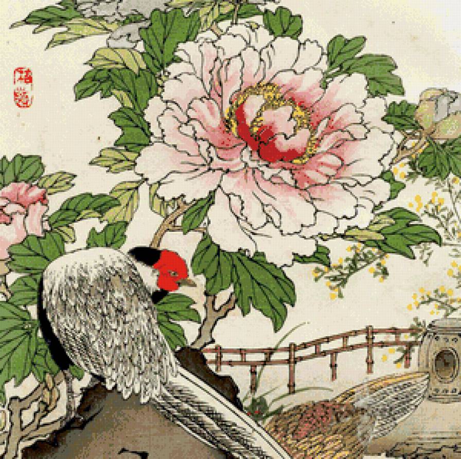 пион и журавль - восток, птица, цветок, журавль, панно, фен шуй, китай, пион - предпросмотр