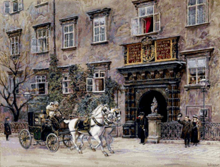 карета в городе - город, здание, кони, акварель, карета, пейзаж - предпросмотр