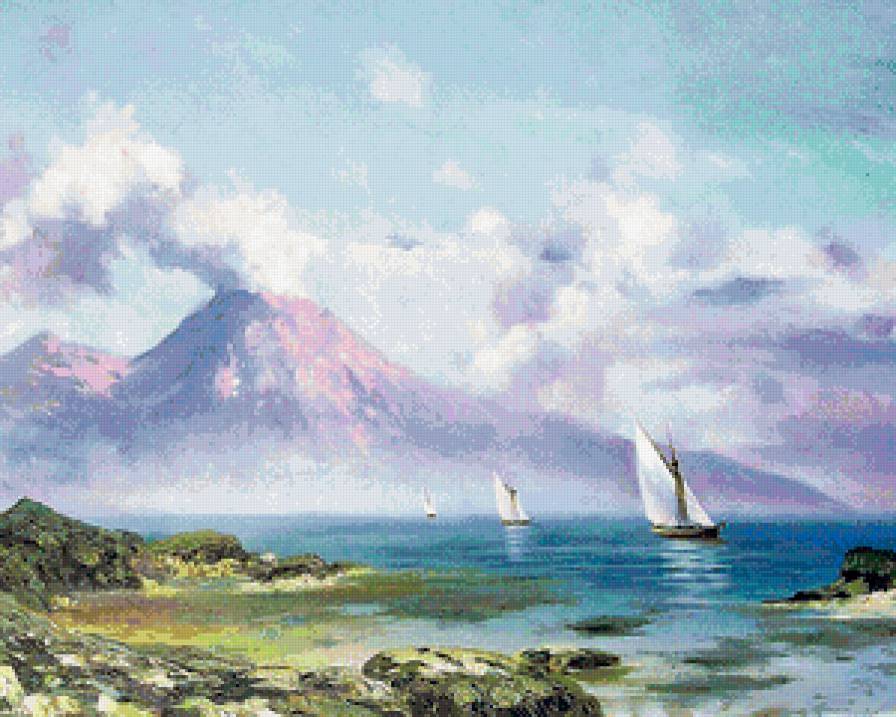 парусники и вулкан - пейзаж, горы, небо, море, вулкан, акварель, юг, парусники - предпросмотр