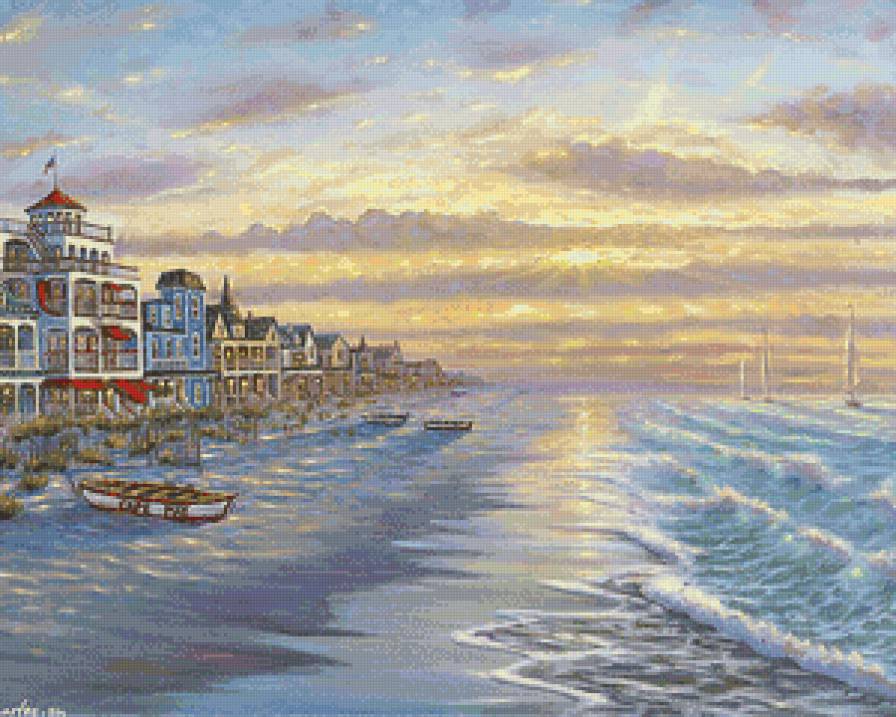 пляж на закате - закат, домики, живопись, парусник, пейзаж, вечер, пляж, волны - предпросмотр