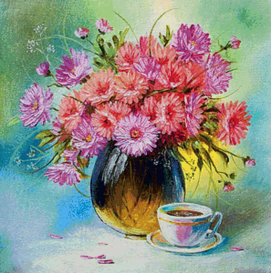 разноцветные астры - чай, букет, ваза, цветы, чашка, астры, живопись, натюрморт - предпросмотр