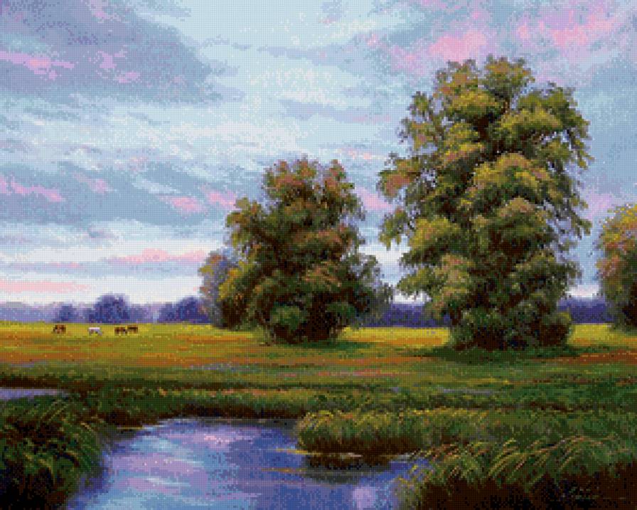 вечер на лугу - живопись, природа, река, луг, дерево, лето, пейзаж, закат - предпросмотр