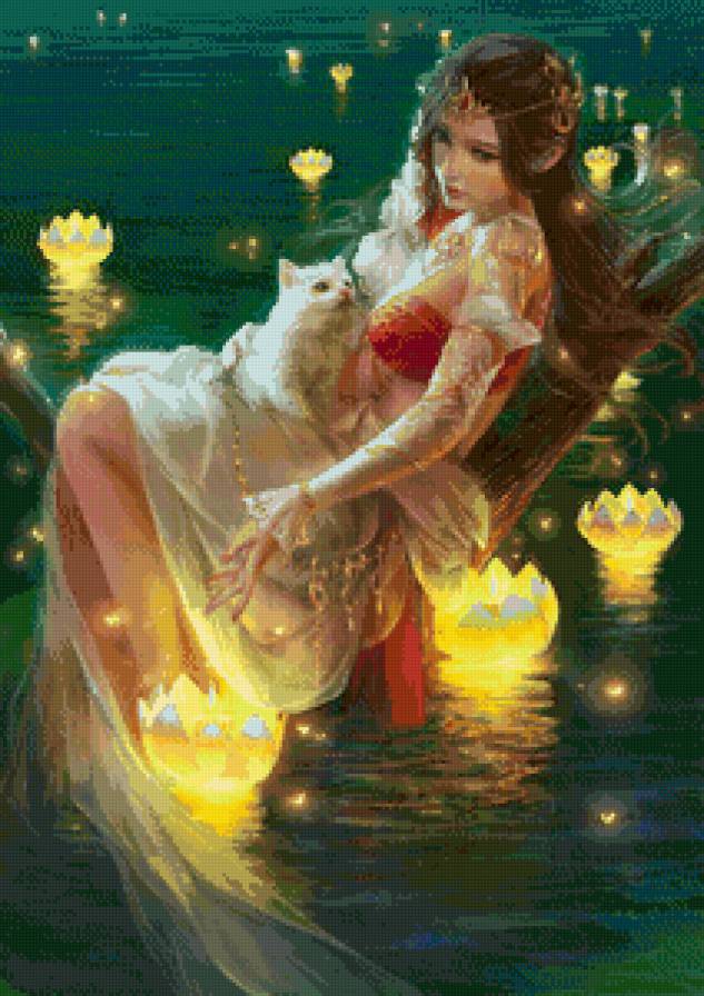 девушка фэнтези - девочка, пруд, девушка, кошка, кувшинки, фэнтэзи, арт - предпросмотр