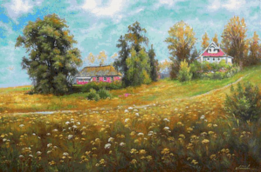 деревенский пейзаж - живопись, лето, деревня, село, пейзаж, сад, дом, дорога, природа - предпросмотр